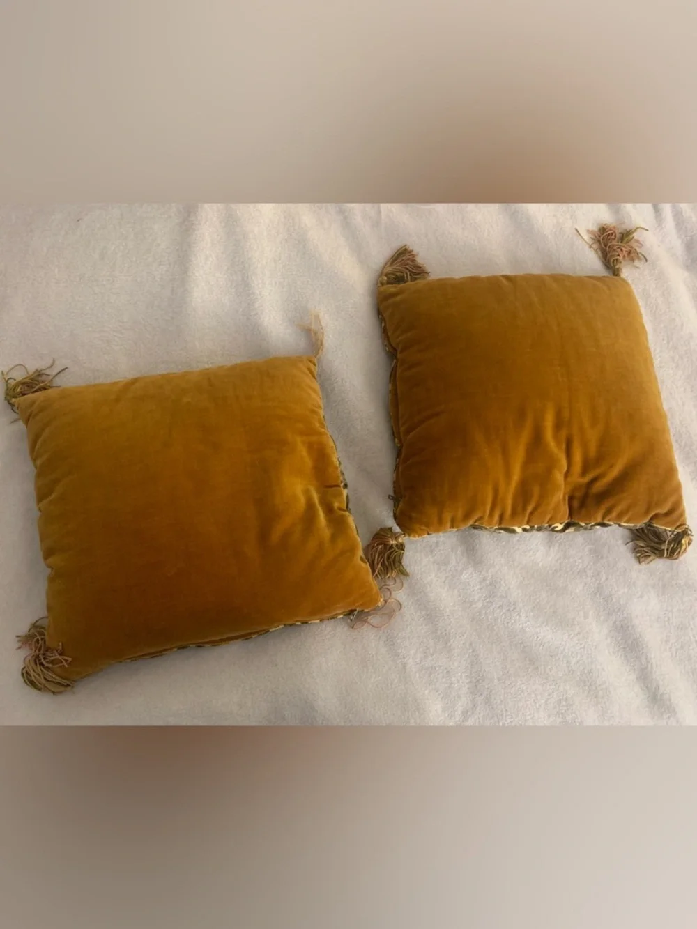 Antique Velvet Damask Floral Throw Pillows with Tassel Trim approx 10 x 10